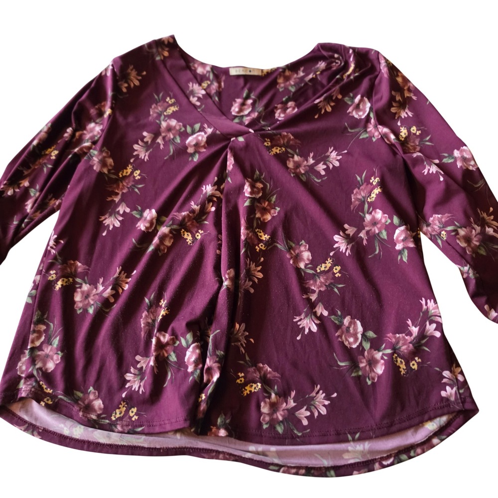 Beacon Burgundy Floral V-Neck Pleated Front Knit Blouse Top LP TUP38223-B8